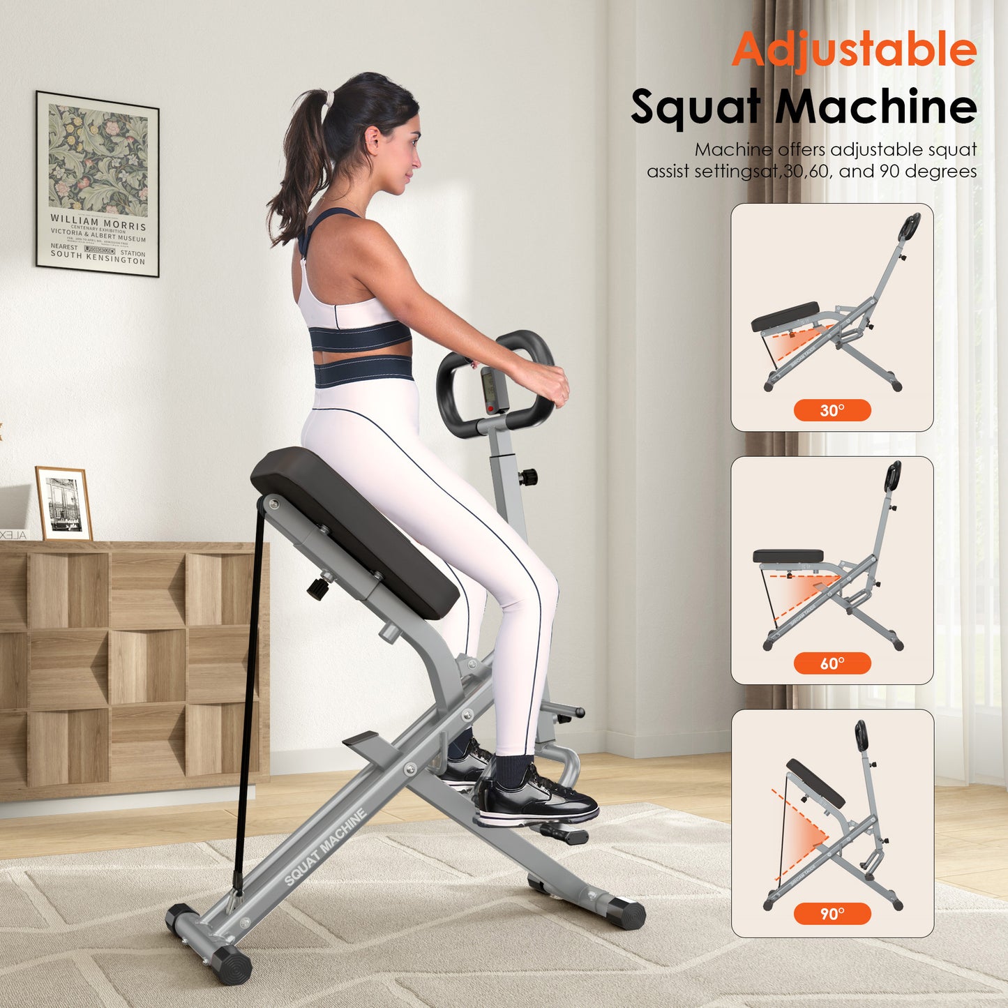 Adjustable Squat Machine with 30°, 60°, and 90° squat assist settings. Home Gym Squat Machine offers versatile resistance training options.