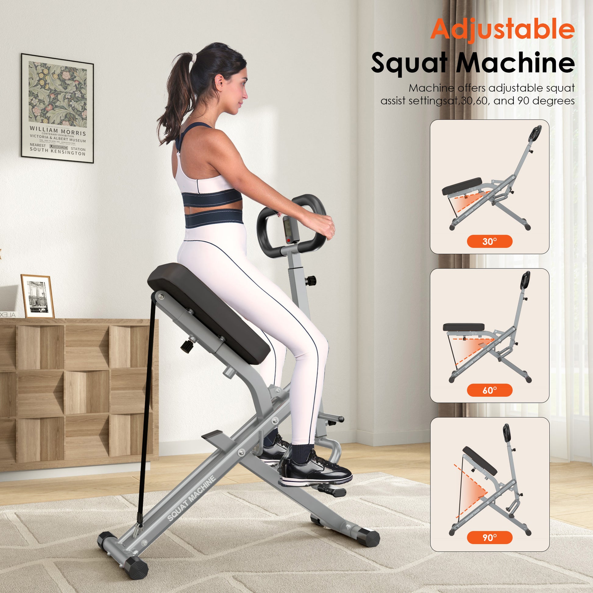 Adjustable Squat Machine with 30°, 60°, and 90° squat assist settings. Home Gym Squat Machine offers versatile resistance training options.
