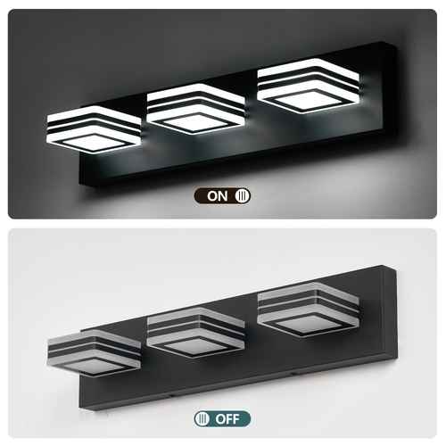 A three-light wall-mounted fixture shown in two states: illuminated at the top and unlit at the bottom. The fixture has a matte black rectangular body with three square shades featuring black-and-white striped geometric patterns.