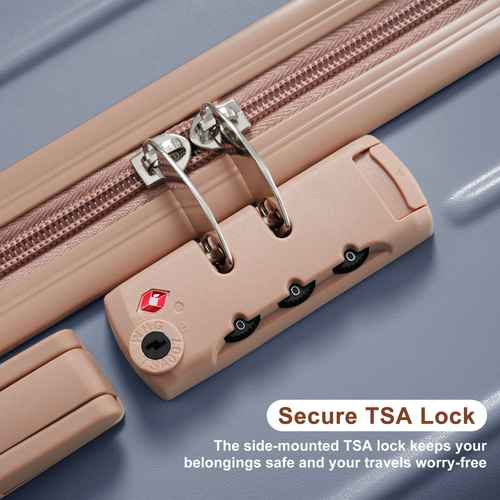 Close-up of a beige suitcase with a TSA lock on a blue background