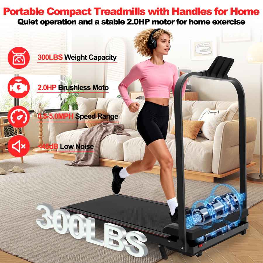 Compact portable treadmill with handles, 2.0HP brushless motor, and adjustable speed for home exercise
