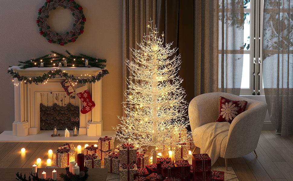 4FT Pre-lit Aspen Fir Artificial Christmas Tree, Hinged Xmas Tree 280 Snow Flocked Branch Tips, 230 Warm White LED Lights, Holiday Coral Christmas Tree for Home Party