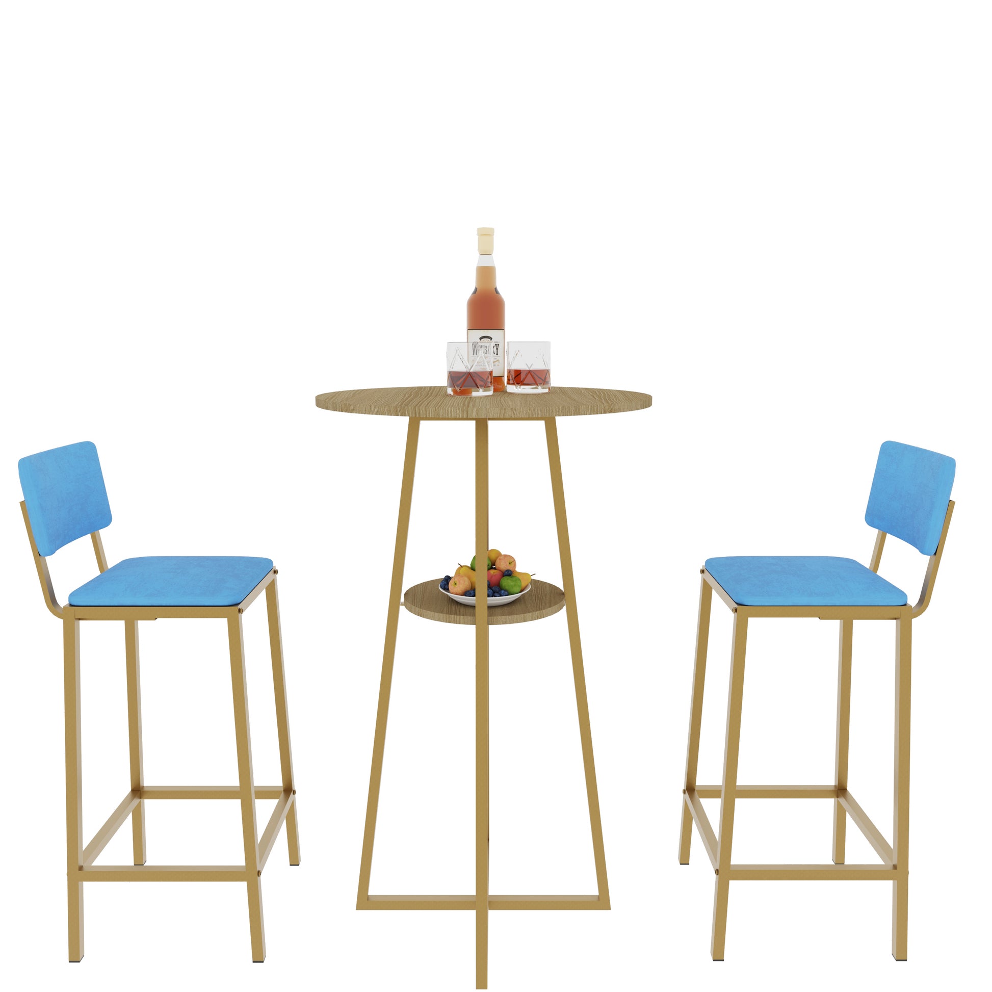 Bar Table and Chairs Set - Gold Frame, Storage Function | Dining Set for 2 with blue cushions and central shelf, ideal for compact dining spaces.