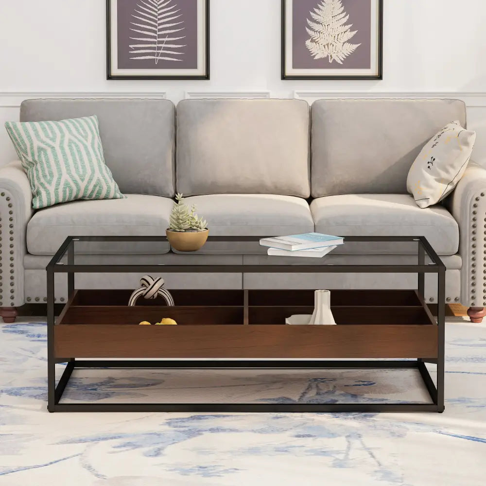 47.24"Rectangle Glass Coffee Table with storage shelf and metal table legs , Home Furniture for Living Room MLNshops]