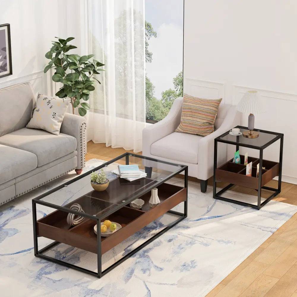 47.24"Rectangle Glass Coffee Table with storage shelf and metal table legs , Home Furniture for Living Room MLNshops]