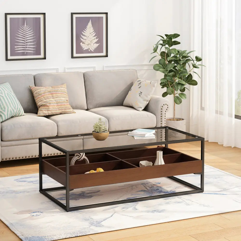 47.24"Rectangle Glass Coffee Table with storage shelf and metal table legs , Home Furniture for Living Room MLNshops]