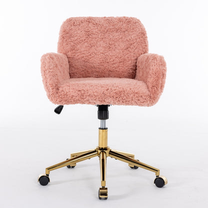 Furniture Office Chair,Artificial rabbit hair Home Office Chair with Golden Metal Base,Adjustable Desk Chair Swivel Office Chair,Vanity Chair(Pink)