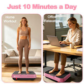 Two women using a vibration plate for home workout and office relaxation.