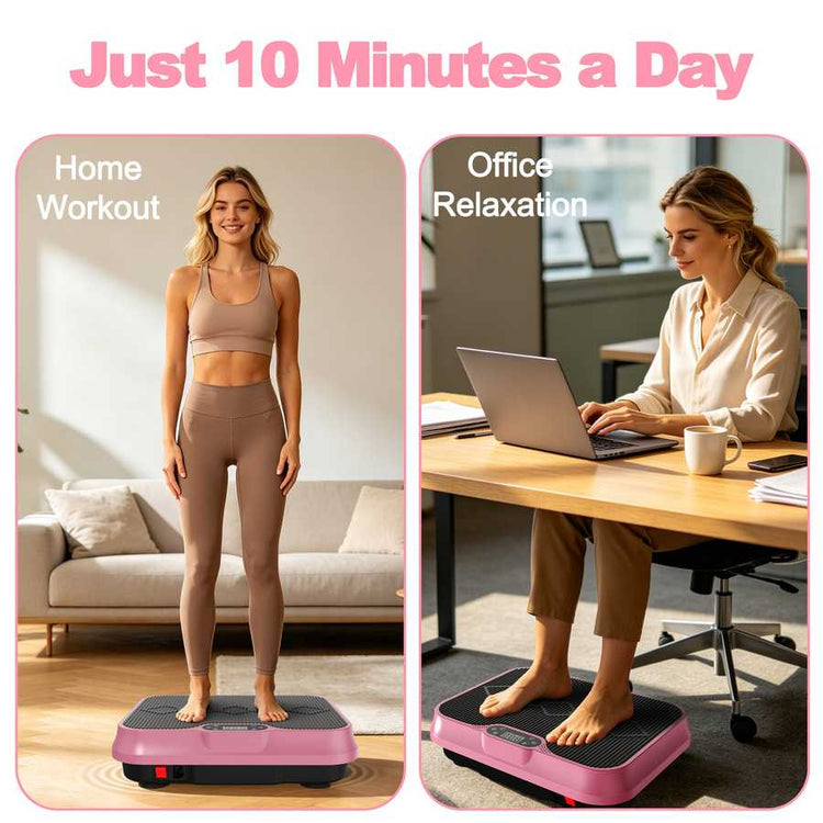 Two women using a vibration plate for home workout and office relaxation.