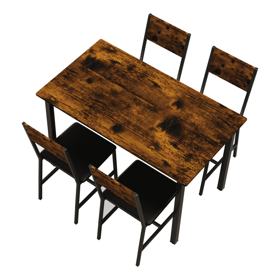 Overhead angled view of 5 Piece Metal Wood Dining Table Set for 4 with rustic tabletop and four matching chairs.