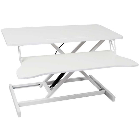 White adjustable standing laptop desk with keyboard tray in raised position. Ideal for ergonomic office setups and flexible workspaces.