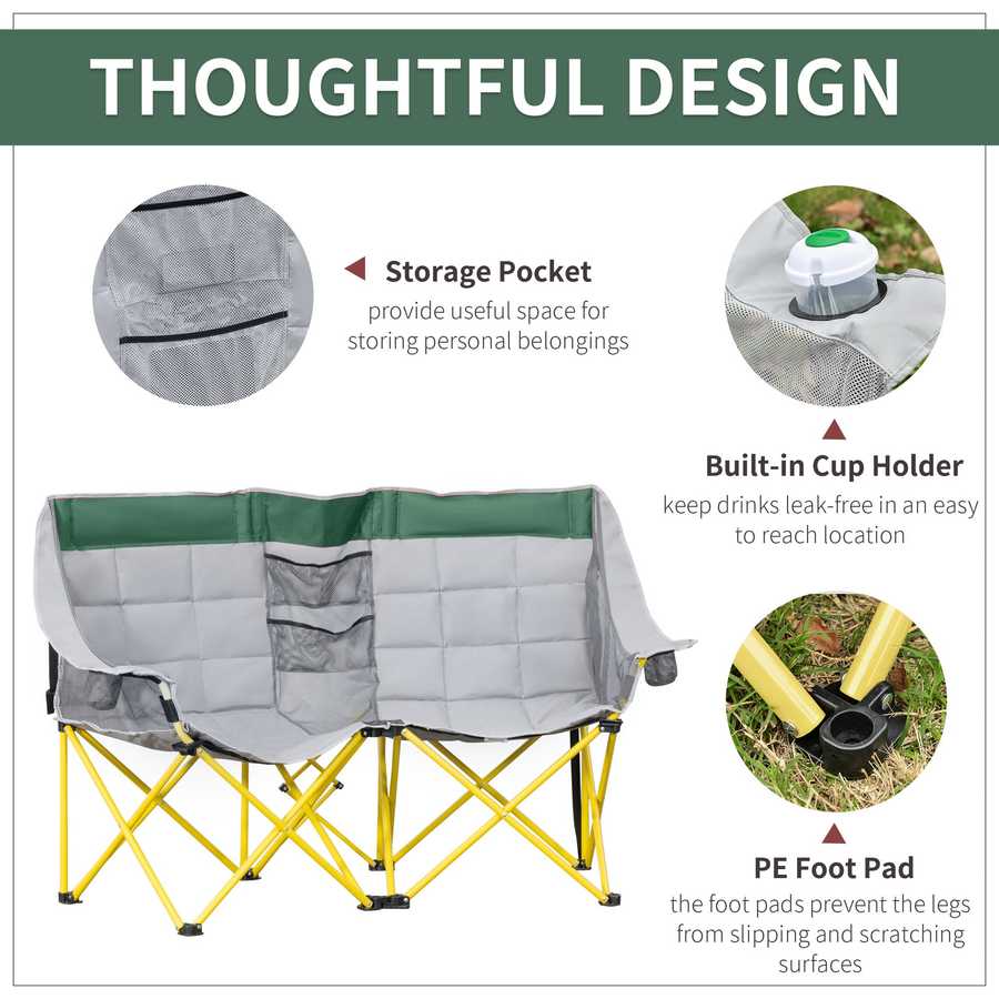 Camping chair with storage pocket, built-in cup holder, and PE foot pad on a white background.