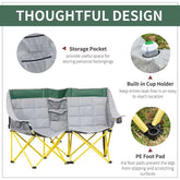 Camping chair with storage pocket, built-in cup holder, and PE foot pad on a white background.