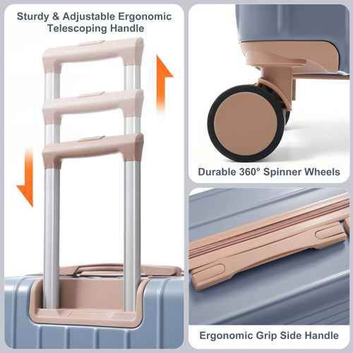 Luggage with adjustable handle, spinner wheels, and side grip handle on a light gray background.