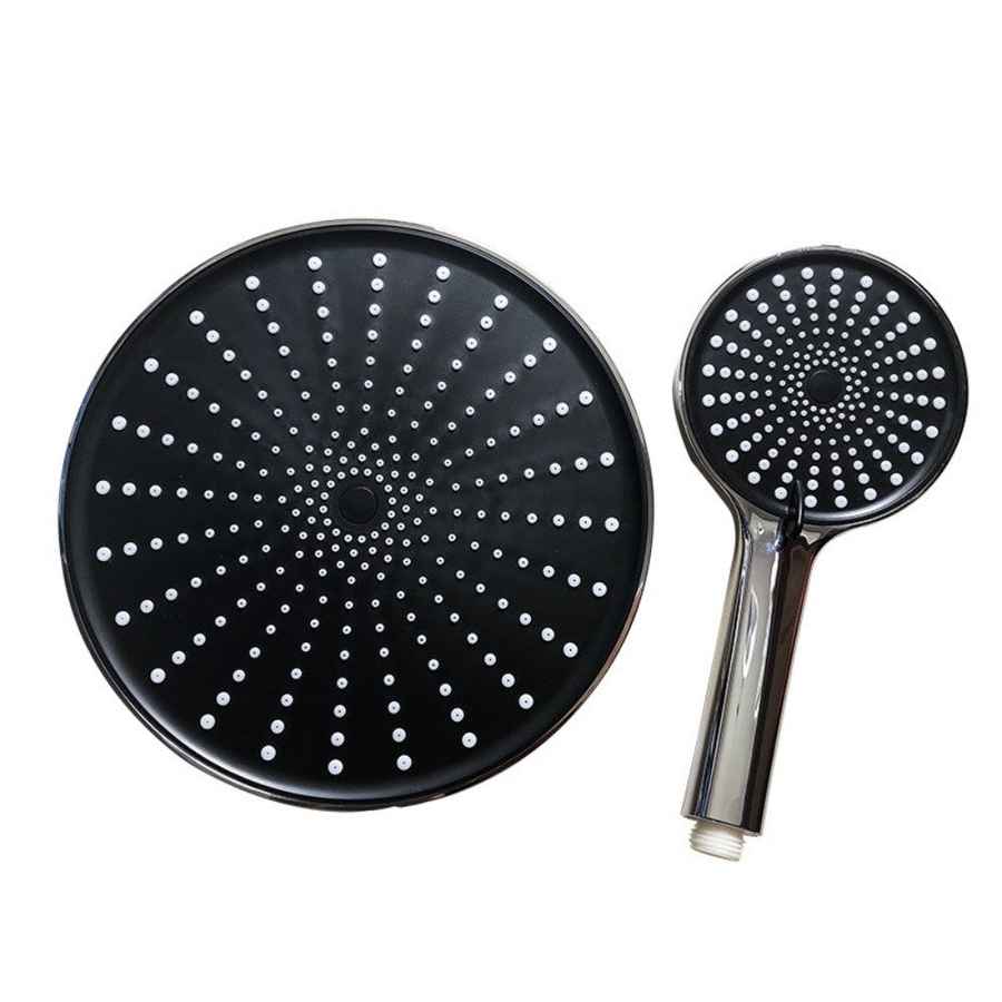 Black shower head and rain shower head on a white background