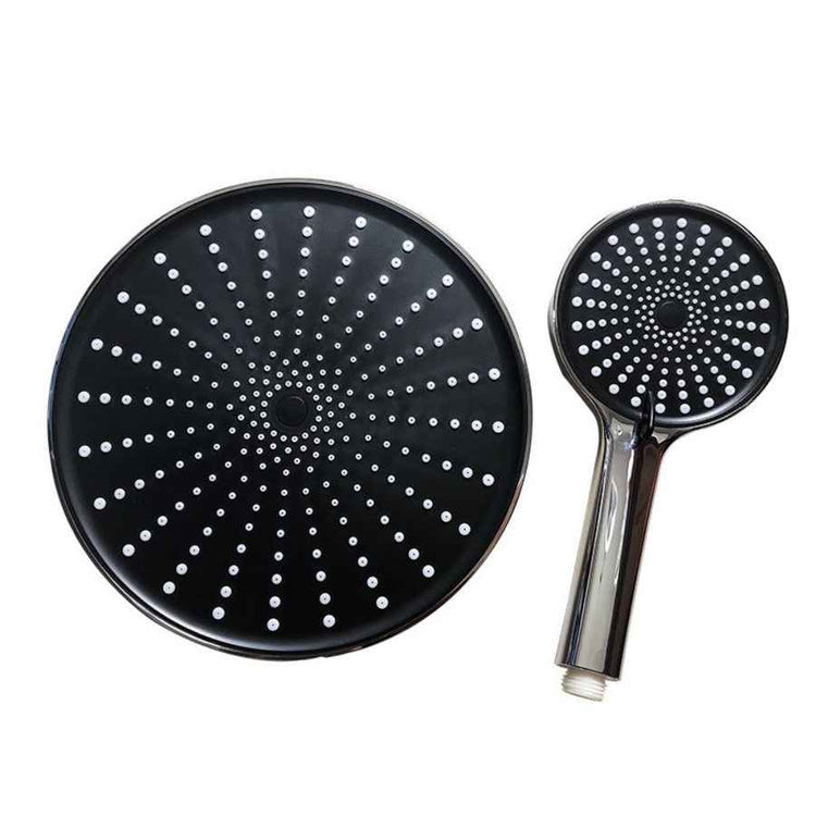 Black shower head and rain shower head on a white background
