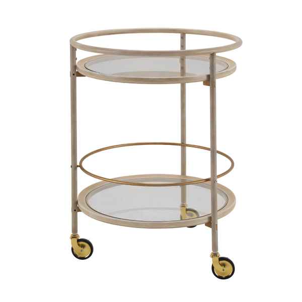 Beige metal serving cart with glass shelves on a white background