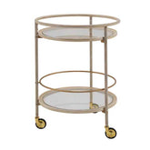 Beige metal serving cart with glass shelves on a white background