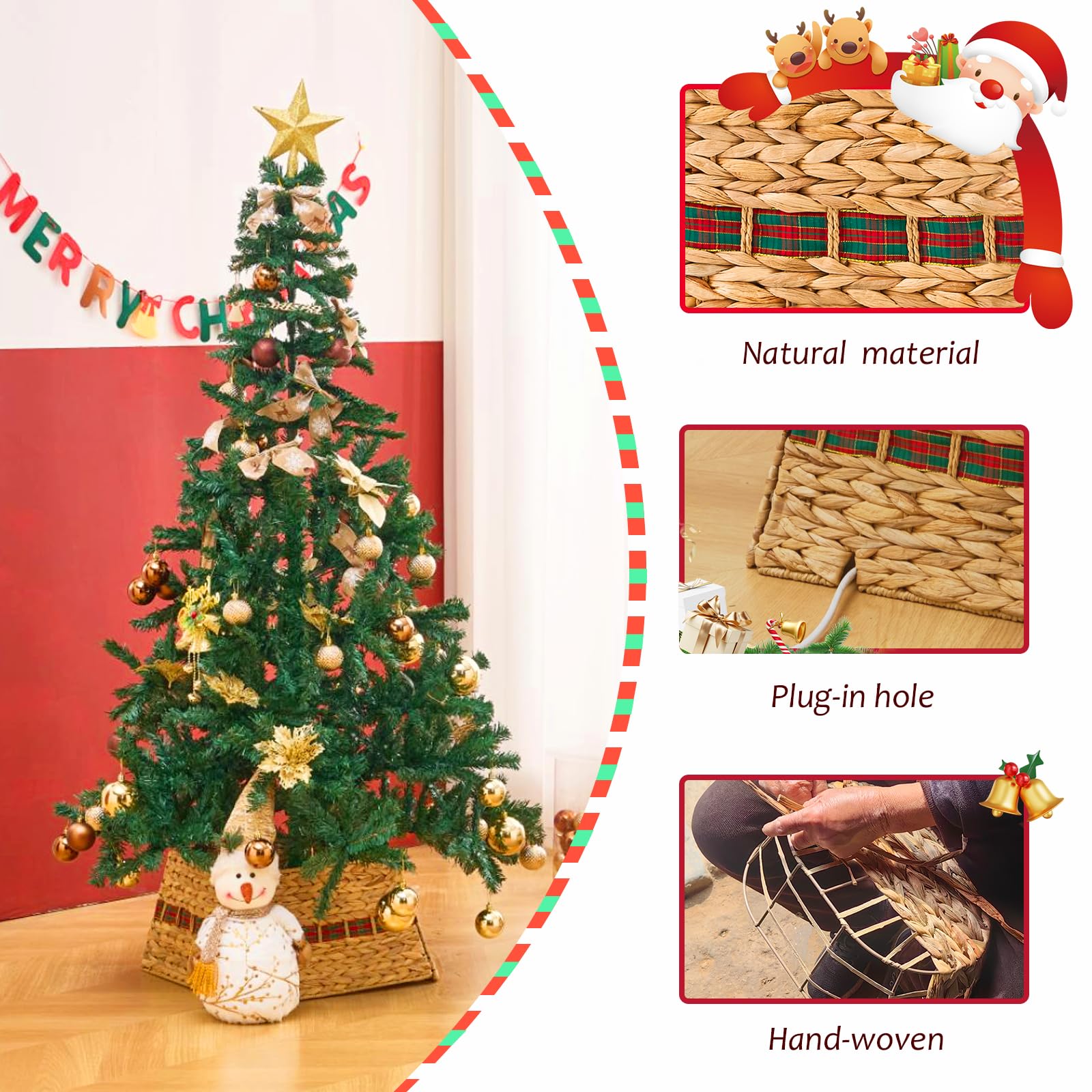 Close-up of eco-friendly handwoven Christmas tree skirt showing natural material, plug-in hole, and detailed craftsmanship.