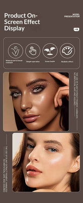 A promotional graphic for a makeup or skin effect product, showing two close-up faces demonstrating the glossy, radiant finish. The top section contains text reading &