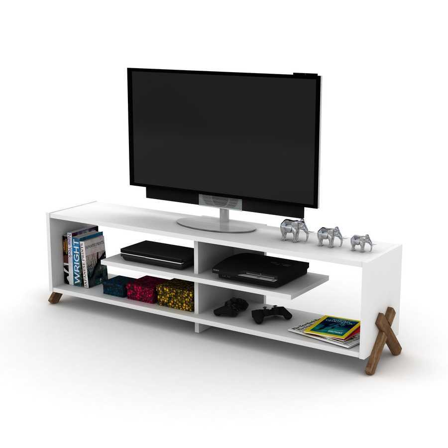 Mid Century Modern TV Stand - 57 Inch & Open Storage Unit styled with TV, books, and gaming accessories on four open shelves.