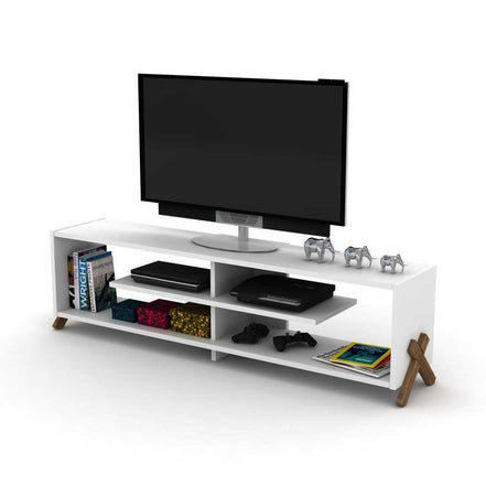 Mid Century Modern TV Stand - 57 Inch & Open Storage Unit styled with TV, books, and gaming accessories on four open shelves.