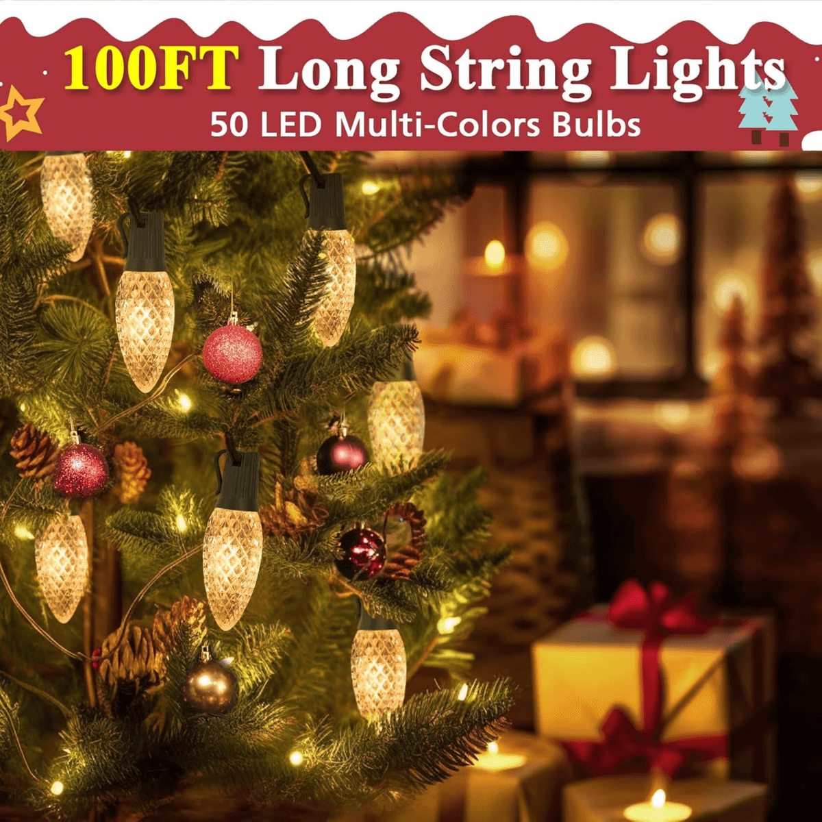 C9 LED bulbs on a Christmas tree with ornaments, 100 ft string with 50 bulbs