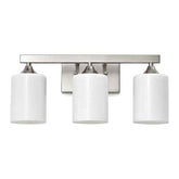 A three-light bathroom vanity wall sconce with a brushed nickel horizontal bar and three white cylindrical glass shades, shown against a plain white background.