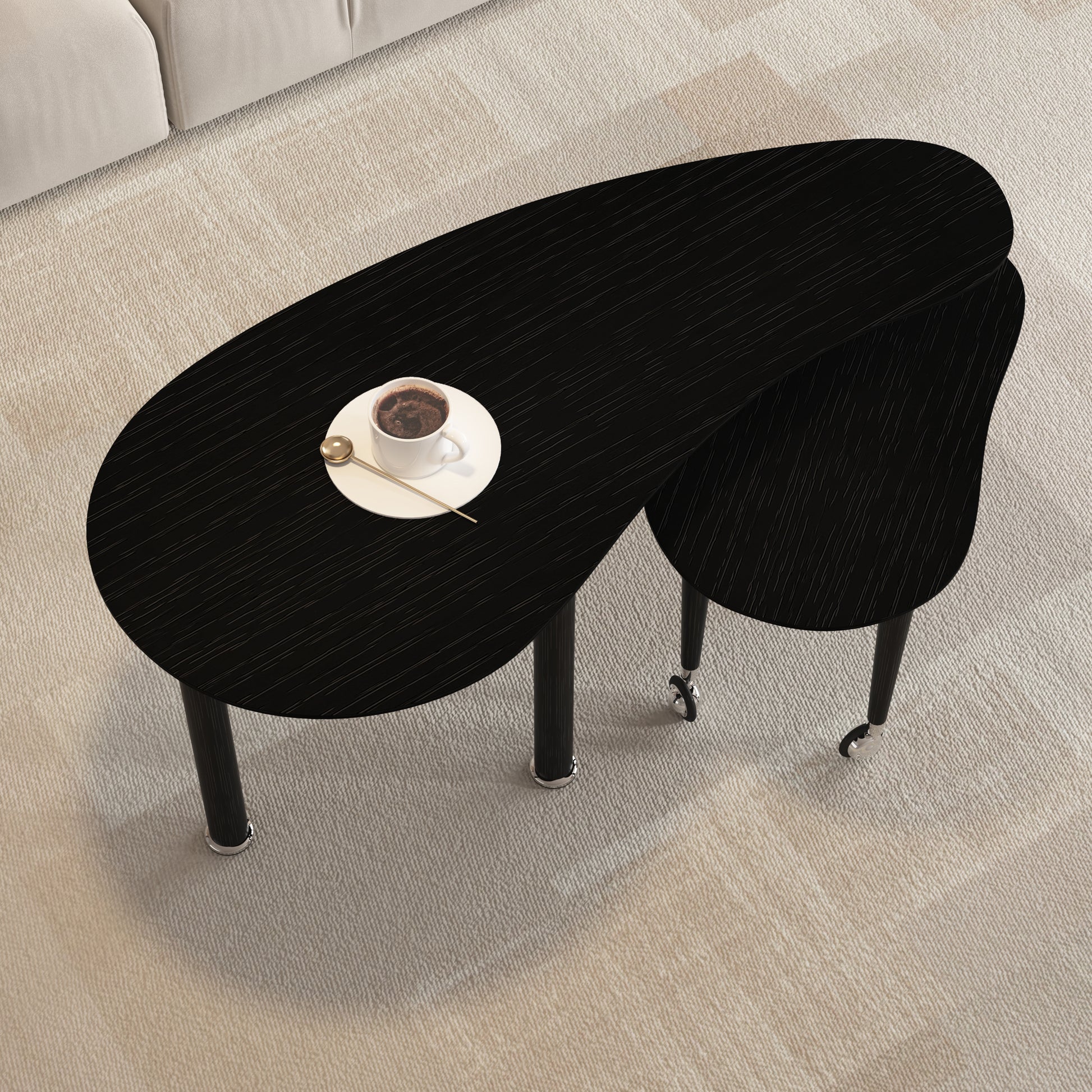 Stylish 360 Rotatable Coffee Table featuring a kidney-shaped black surface and hidden storage, perfect for contemporary accent table use.
