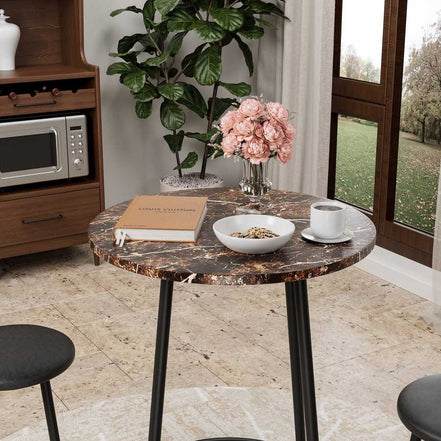 Close-up of the faux marble tabletop from the 3-Piece Bar Table Set with 2 Stools, highlighting its elegant finish and compact design for small spaces.