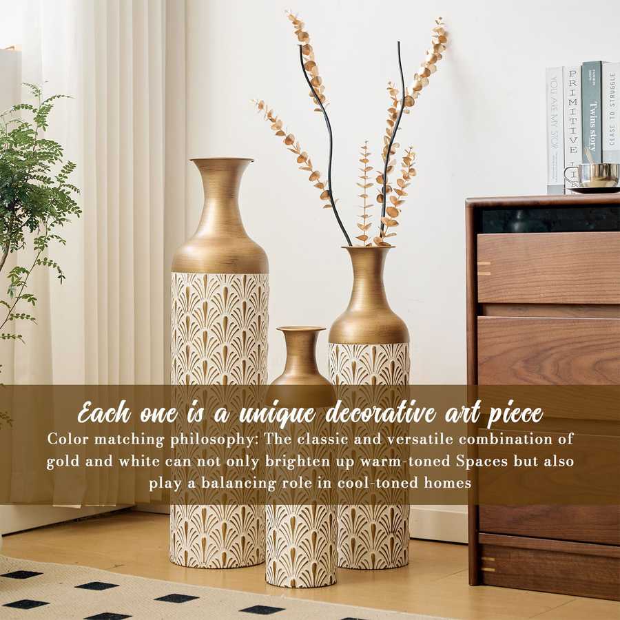 Gold and white metal floor vases styled with dried branches, highlighting their artistic and versatile home decor use.