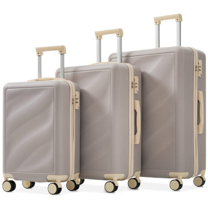 Durable lightweight luggage set with TSA lock and 360° spinner wheels, featuring three ABS suitcases in beige and gray for secure travel.