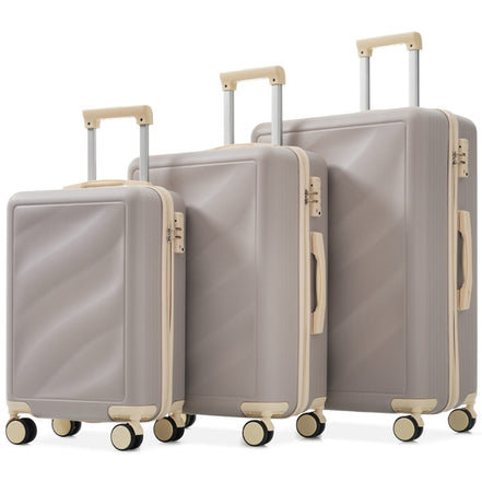 Durable lightweight luggage set with TSA lock and 360° spinner wheels, featuring three ABS suitcases in beige and gray for secure travel.