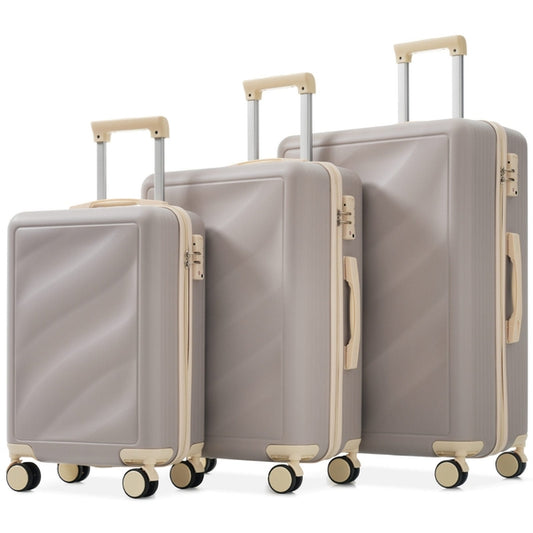 Durable lightweight luggage set with TSA lock and 360° spinner wheels, featuring three ABS suitcases in beige and gray for secure travel.