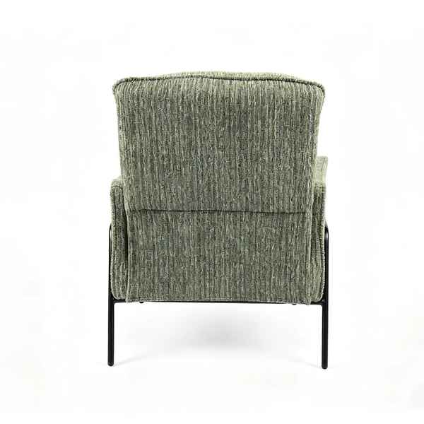 A single upholstered armchair shown from the back on a clean white studio background. The chair has a textured vertical ribbed fabric in a muted sage green with gray undertones, supported by slim black metal legs.