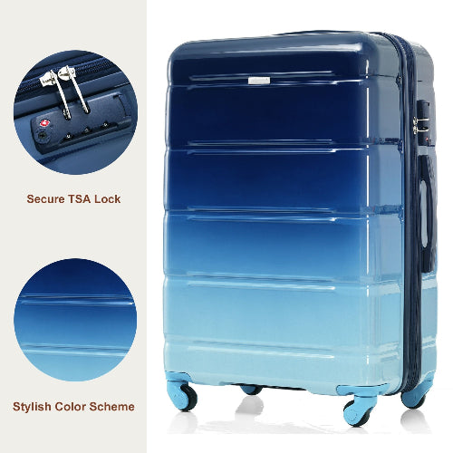Blue suitcase with TSA lock feature and stylish color scheme on a white background