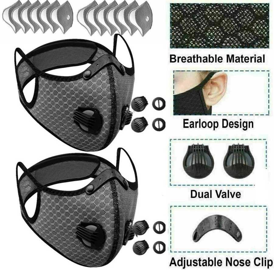 Black mesh face mask with earloop design, dual valve, and adjustable nose clip on a white background.