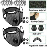 Black mesh face mask with earloop design, dual valve, and adjustable nose clip on a white background.