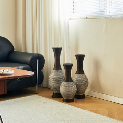 Brown floor vase set of 3 placed in a bright living room corner, ideal for modern home décor and decorative flower display.