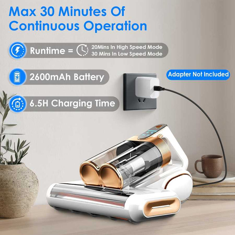 Cordless Mattress Vacuum Cleaner with 2600mAh battery, 30-minute runtime, and USB charging, ideal for efficient home cleaning.