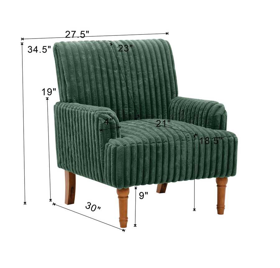 Green armchair with dimensions labeled on a white background