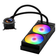 Computer cooling system with RGB lighting on a white background
