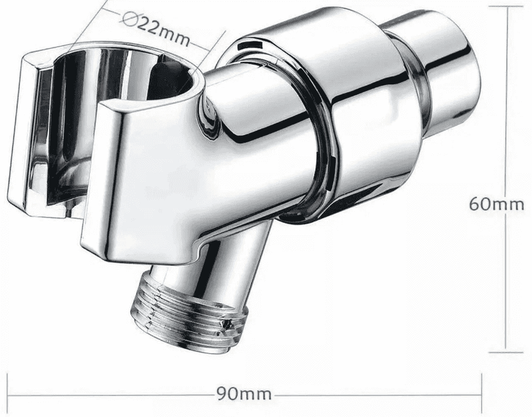 Chrome shower valve with dimensions labeled on a white background