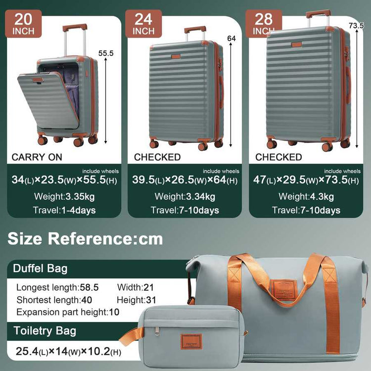 Luggage Sets 5 Piece with Front Opening , Hardside Expandable Carry on Suitcase with Spinner Wheels TSA Lock USB Port Cup Holder Duffel Bag and Toiletry Bag