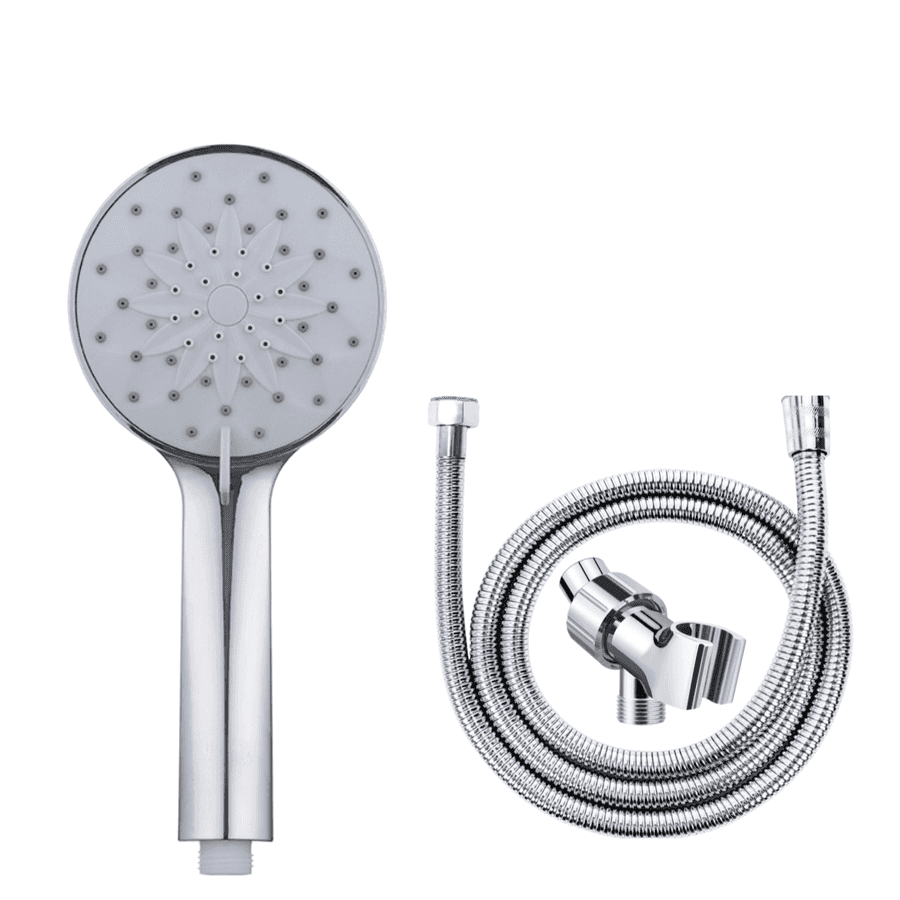 Chrome shower head with hose and bracket on a white background