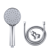 Chrome shower head with hose and bracket on a white background
