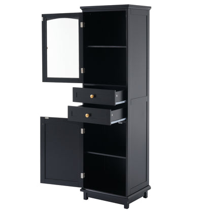 63" Tall Bathroom Storage Cabinet with Glass Doors, Free-Standing, Two Drawers, and Adjustable Shelves, MDF Board, Painted Black