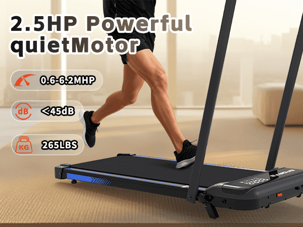 Close-up of a person running on a foldable treadmill with 2.5 HP quiet motor, showing speed range 0.6-6.2 MPH, in a home setting