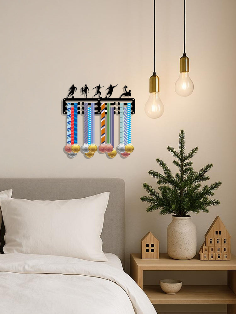 Decorative metal rabbit wall sculpture with medals in living room