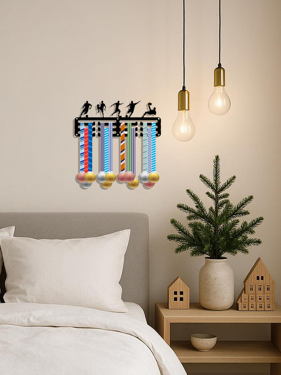 Decorative metal rabbit wall sculpture with medals in living room